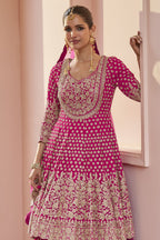 Pink Pakistani Dress with Georgette Kameez and Skirt - close-up view
