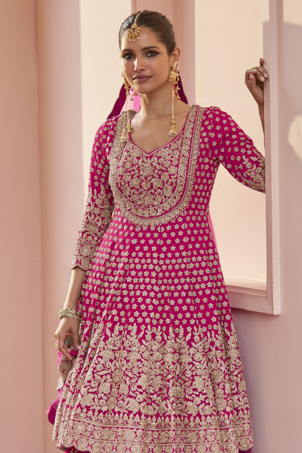 Pink Pakistani Dress with Georgette Kameez and Skirt - close-up view