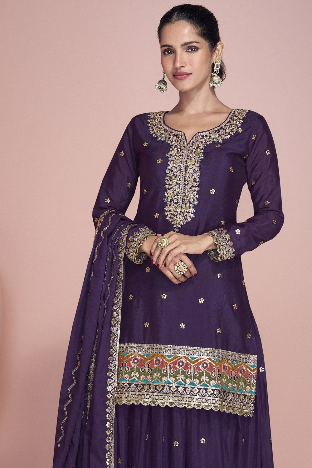 Dark Purple Chinon Silk Kameez with Gharara Suit Pakistani for Wedding & Festival - Embroidery Work - close-up view