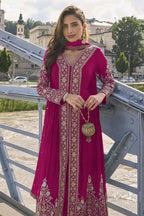 Pink Chinon Silk Front Slit Anarkali With Pent For Indian & Pakistani Wedding Festival - Sequins & Thread Embroidery Work - close-up view