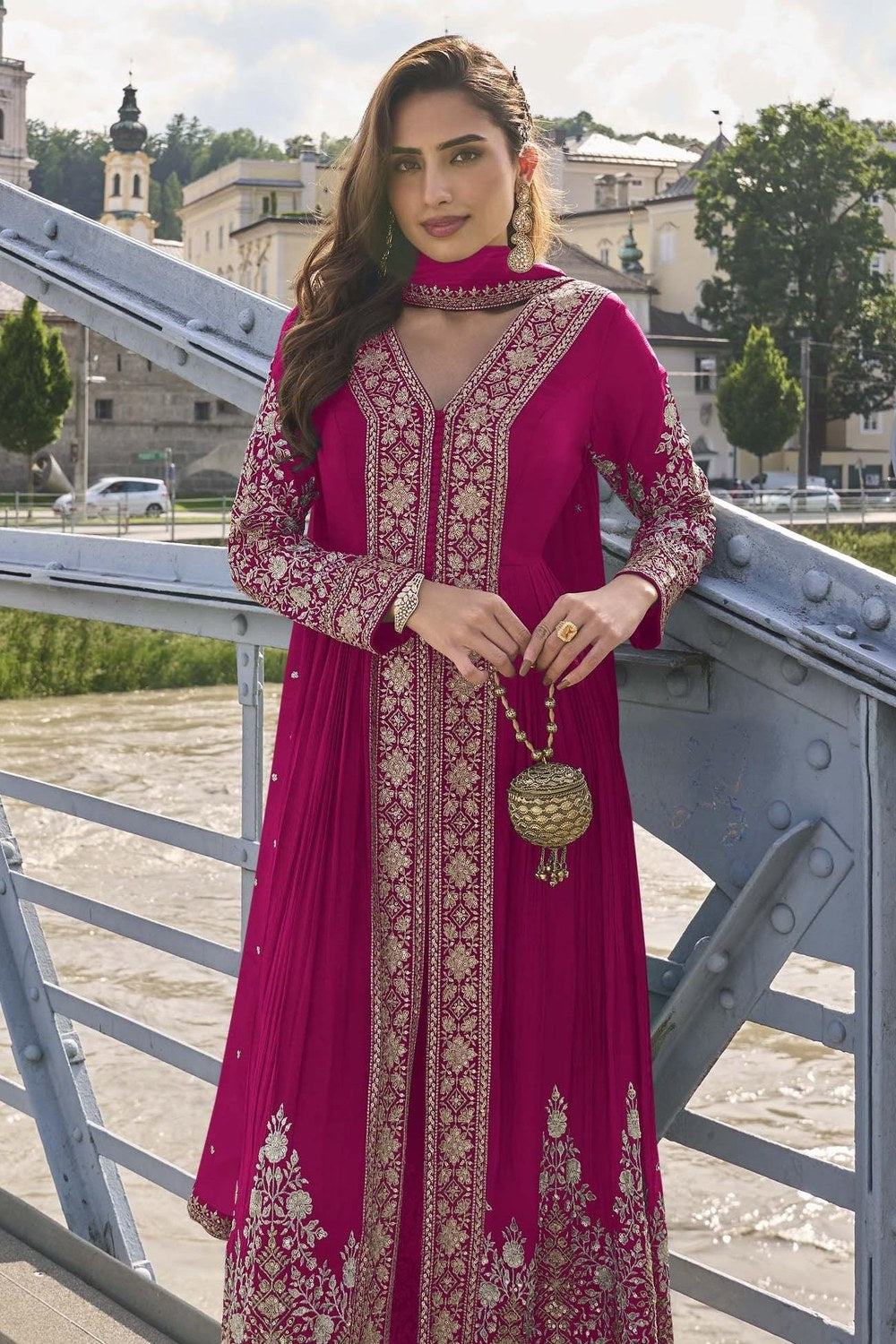 Pink Chinon Silk Front Slit Anarkali With Pent For Indian & Pakistani Wedding Festival - Sequins & Thread Embroidery Work - close-up view