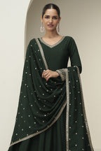 Green Premium Silk Anarkali Dress for Wedding with Sequins & Thread Work - close-up view