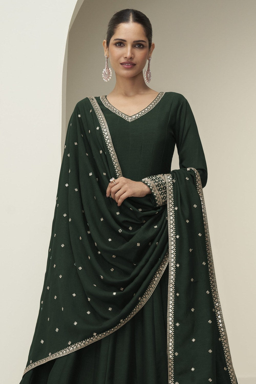 Green Premium Silk Anarkali Dress for Wedding with Sequins & Thread Work - close-up view
