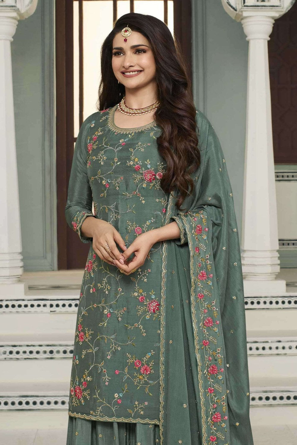 Teal Chinon Silk Floral Plazo Suit For Indian Festivals & Pakistani Weddings Dress - Embroidery Work - close-up view