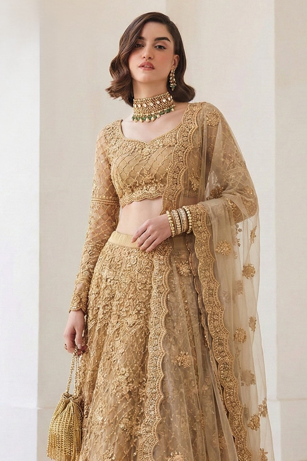 Brown Sangeet Lehenga Choli in Net with Sequin & Thread Embroidery - close-up view