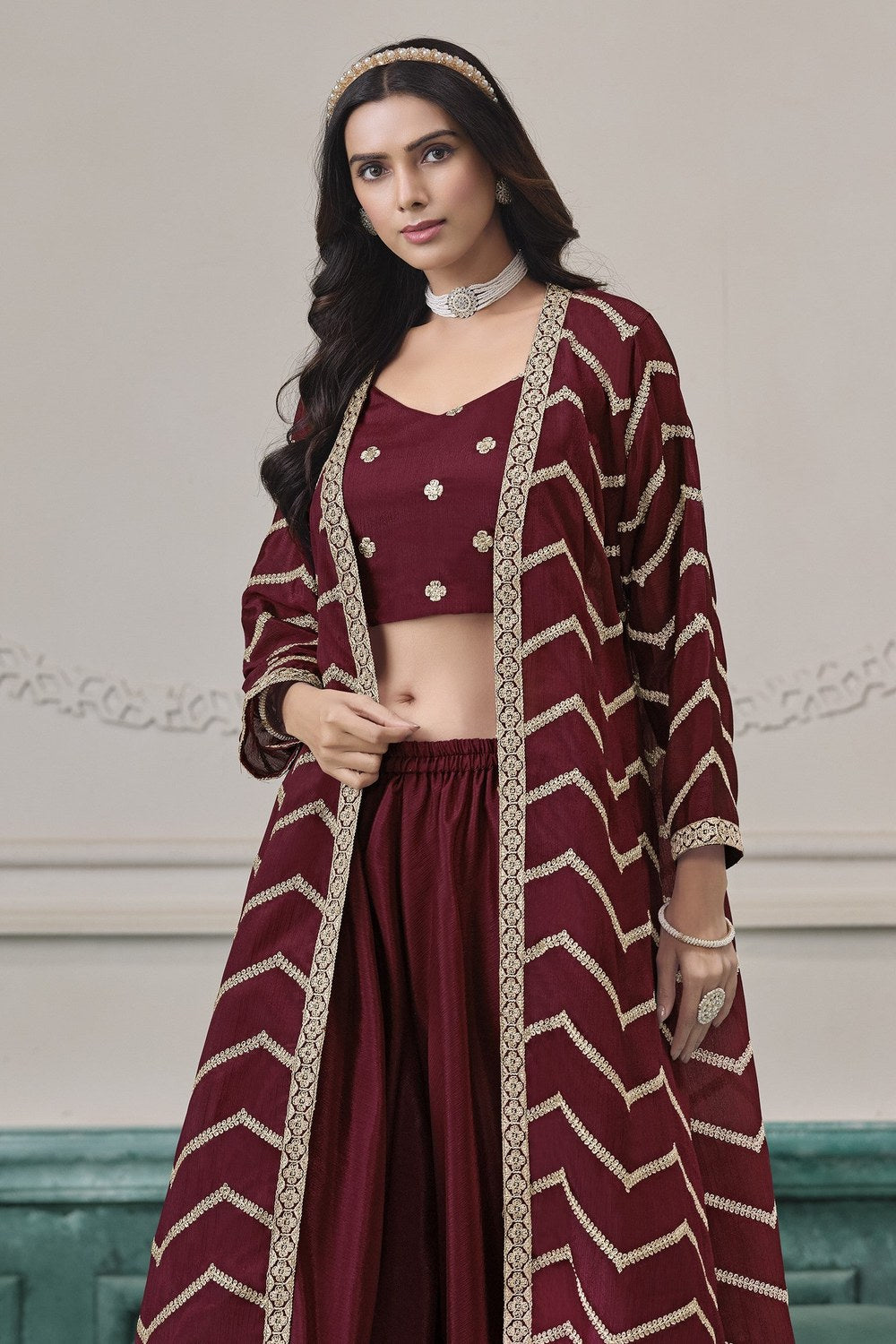 Maroon Chinon Silk Crop Top with Jacket and Palazzo with Thread Work - close-up view
