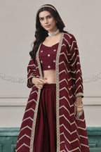 Maroon Chinon Silk Crop Top with Jacket and Palazzo with Thread Work - close-up view