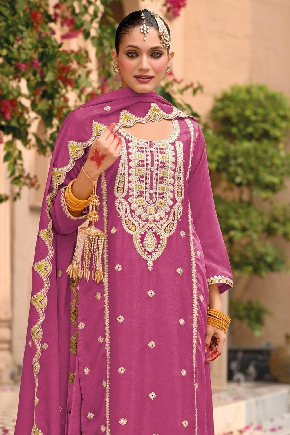 Pink Chinon Silk Kameez With Palazzo Suit For Indian & Pakistani Wedding Festival - Thread & Sequence Embroidery - close-up view