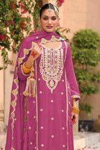 Pink Chinon Silk Kameez With Palazzo Suit For Indian & Pakistani Wedding Festival - Thread & Sequence Embroidery - close-up view
