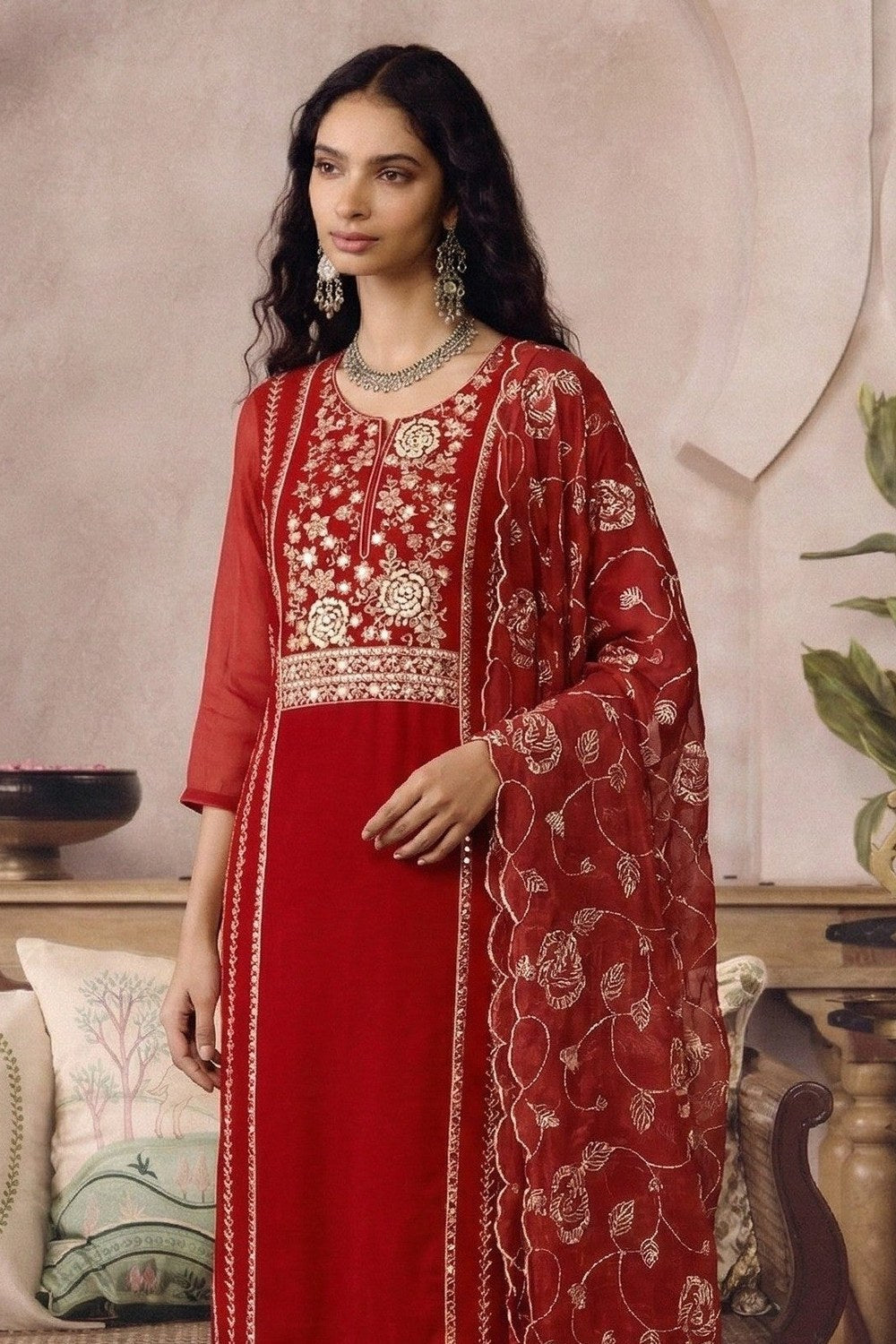 Sangeet Outfits for Guests - Red Organza Embroidered Kameez with Pant - close-up view