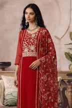 Sangeet Outfits for Guests - Red Organza Embroidered Kameez with Pant - close-up view