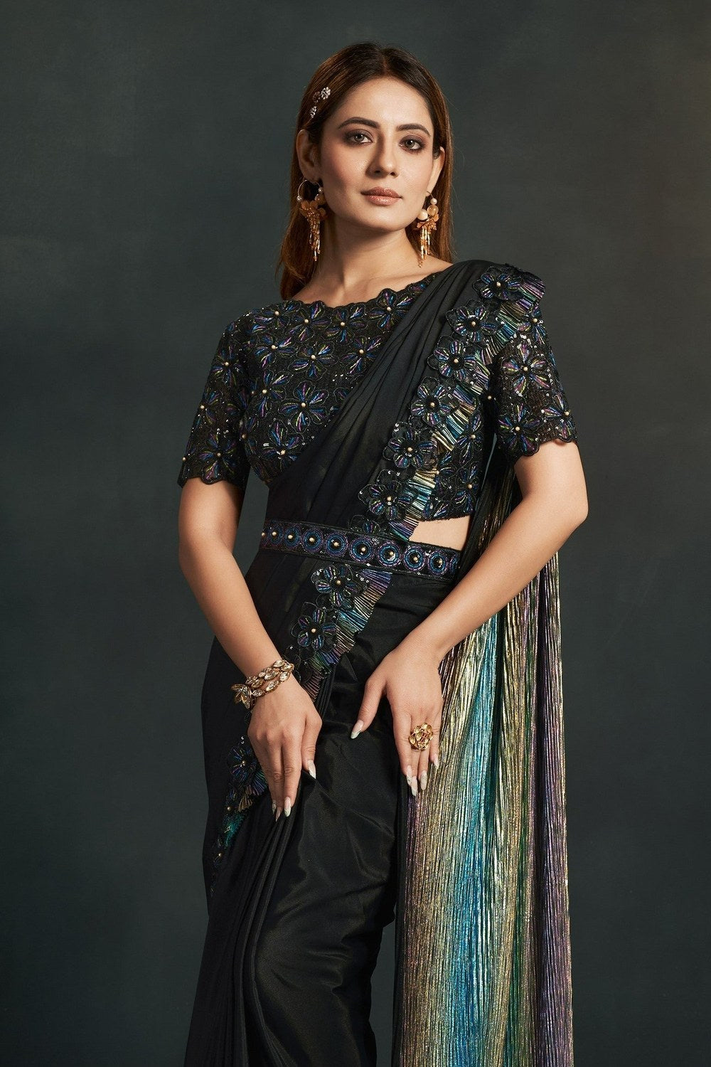 Black Crepe Georgette Silk Partywear Saree With Stitched Blouse For Indian & Pakistani Wedding Festival - Sequence Embroidery Work, Thread Embroidery Work, Stone Work - close-up view