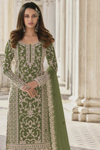 Olive Net Kameez Plazzo Suit For Indian Wedding & Pakistani Festival Dress - Embroidery Work - close-up view