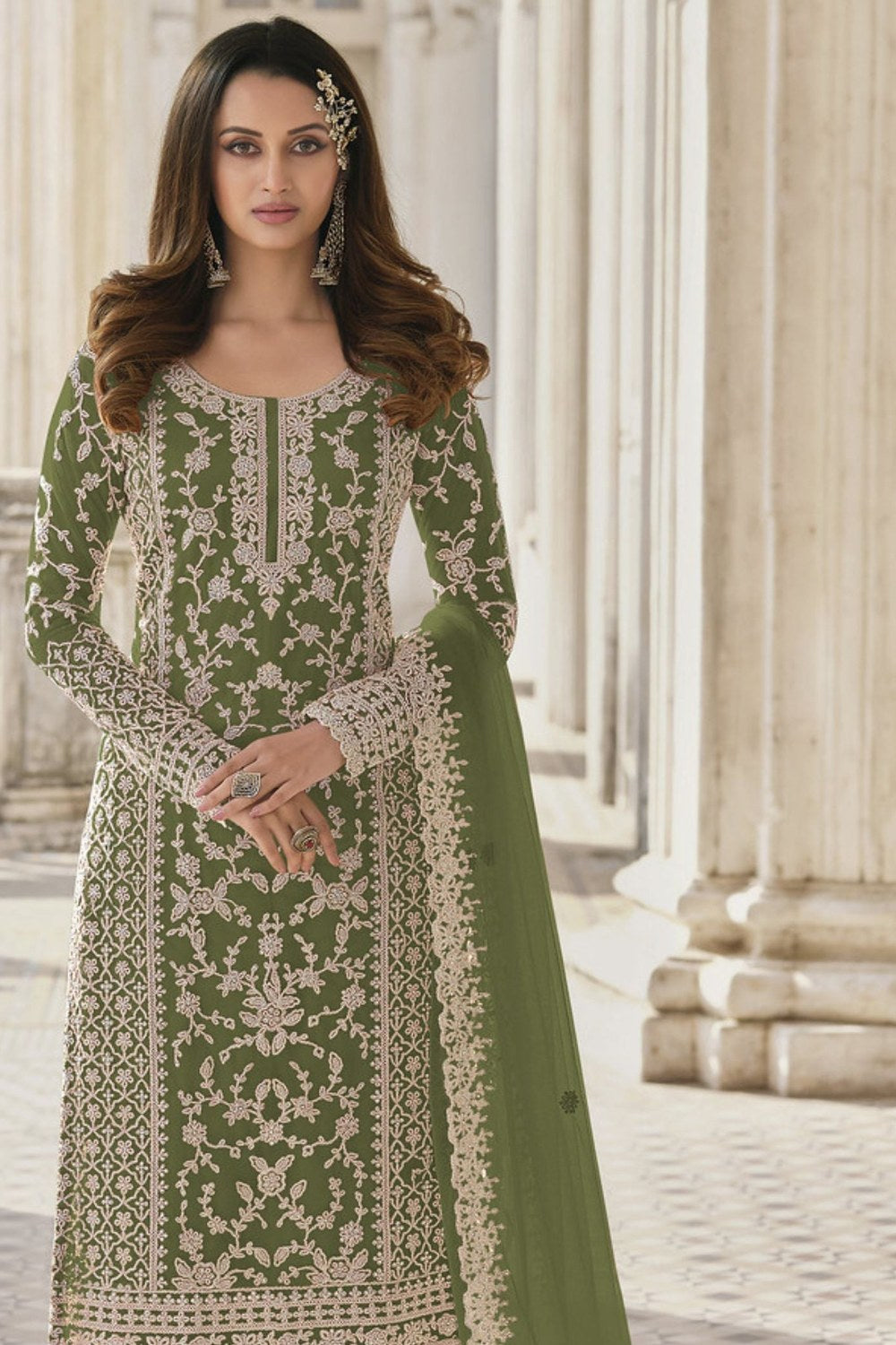 Olive Net Kameez Plazzo Suit For Indian Wedding & Pakistani Festival Dress - Embroidery Work - close-up view
