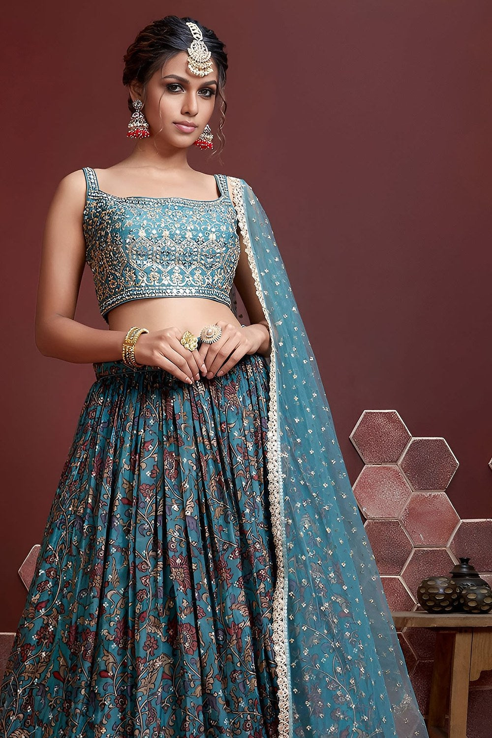 Teal Banglori Silk Party Wear Lehenga Choli For Indian & Pakistani Wedding Festival - Embroidery Work, Print Work, Real Mirror Work - close-up view