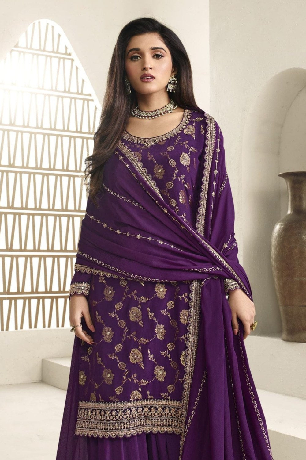 Purple Jacquard Silk Palazzo Suit For Indian Festivals & Pakistani Plazo Weddings Dress - Embroidery Work - close-up view