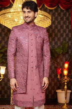 Clay Pink Art Silk Traditional Indo Western Sherwani Long Kurta & Pant for Men for Wedding - Embroidery Work - close-up view