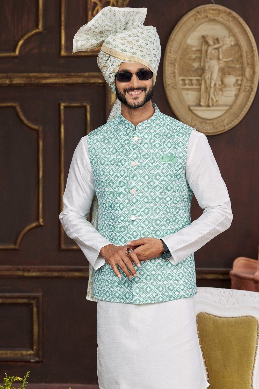 White Blue Art Silk Kurta Pajama with Waistcoat Jacket for Men for Wedding - Print Work - close-up view