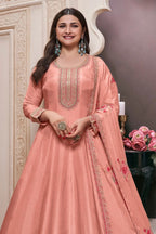 Peach Muga Silk Anarkali Suit For Indian & Pakistani Wedding Festival - Zari Work, Thread & Sequence Embroidery Work - close-up view