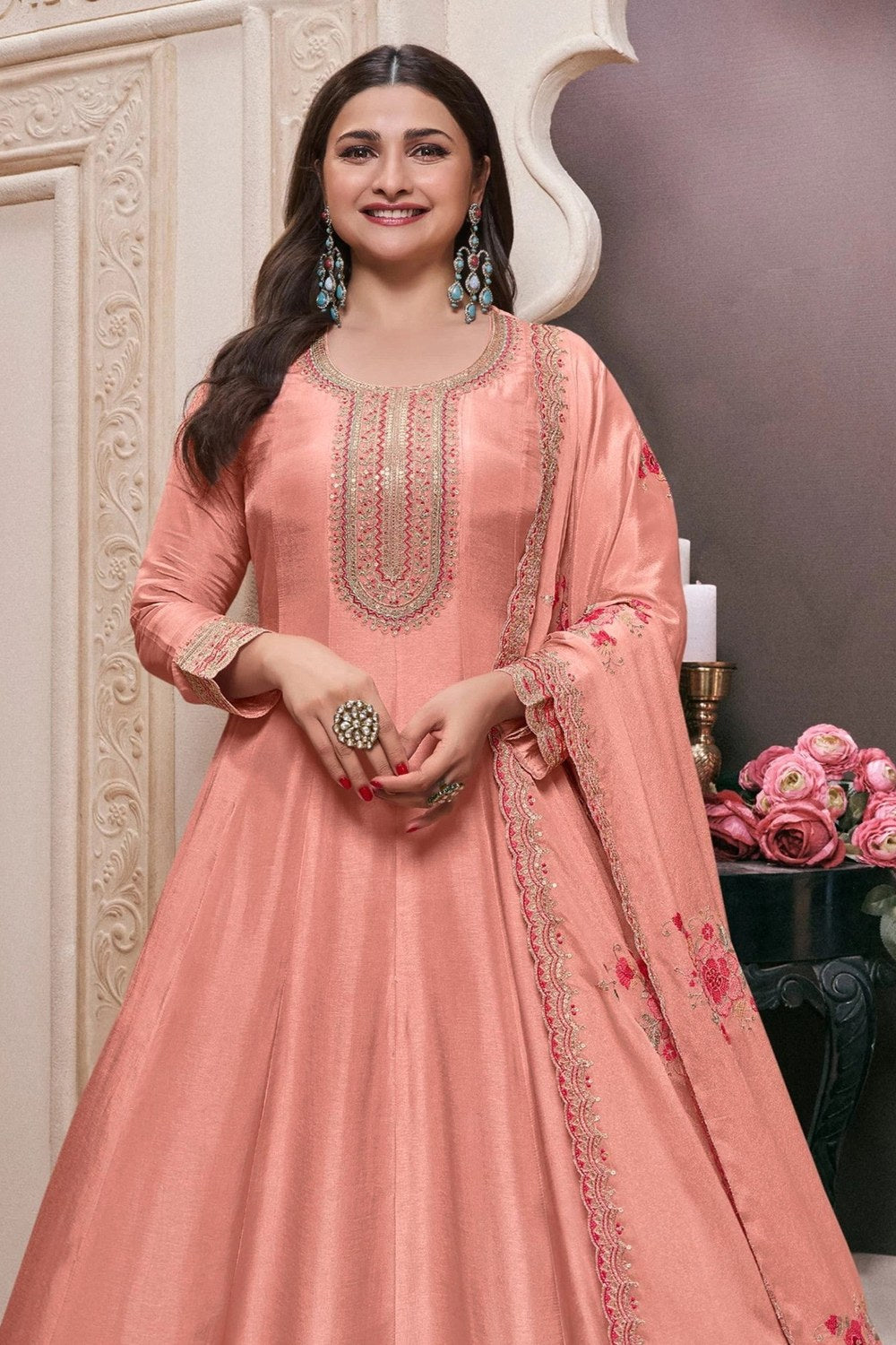 Peach Muga Silk Anarkali Suit For Indian & Pakistani Wedding Festival - Zari Work, Thread & Sequence Embroidery Work - close-up view