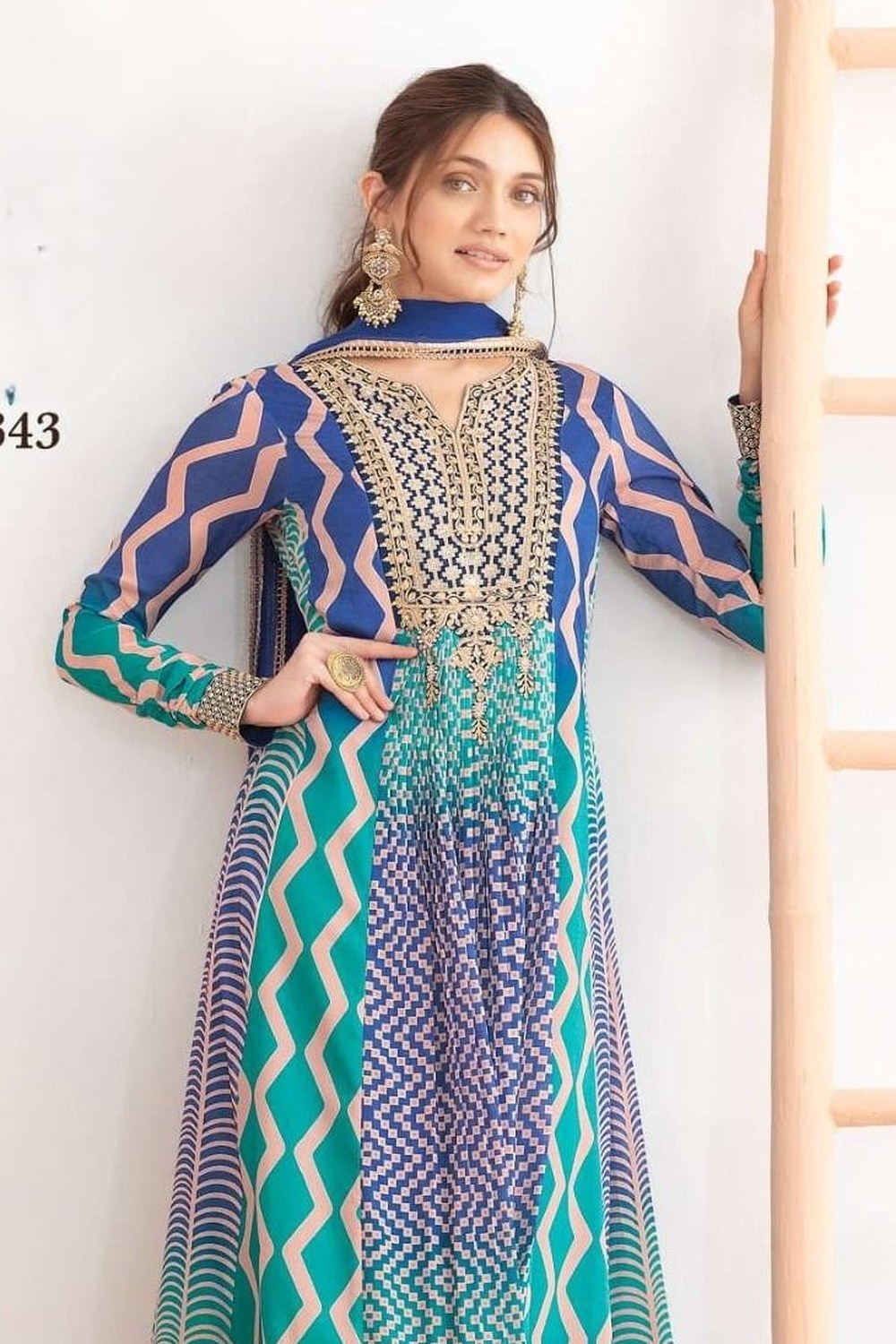 Teal Chinon Silk Dual Color Anarkali Suit For Indian & Pakistani Wedding Festival - Motif Work, Print Work, Resham Embroidery Work - close-up view