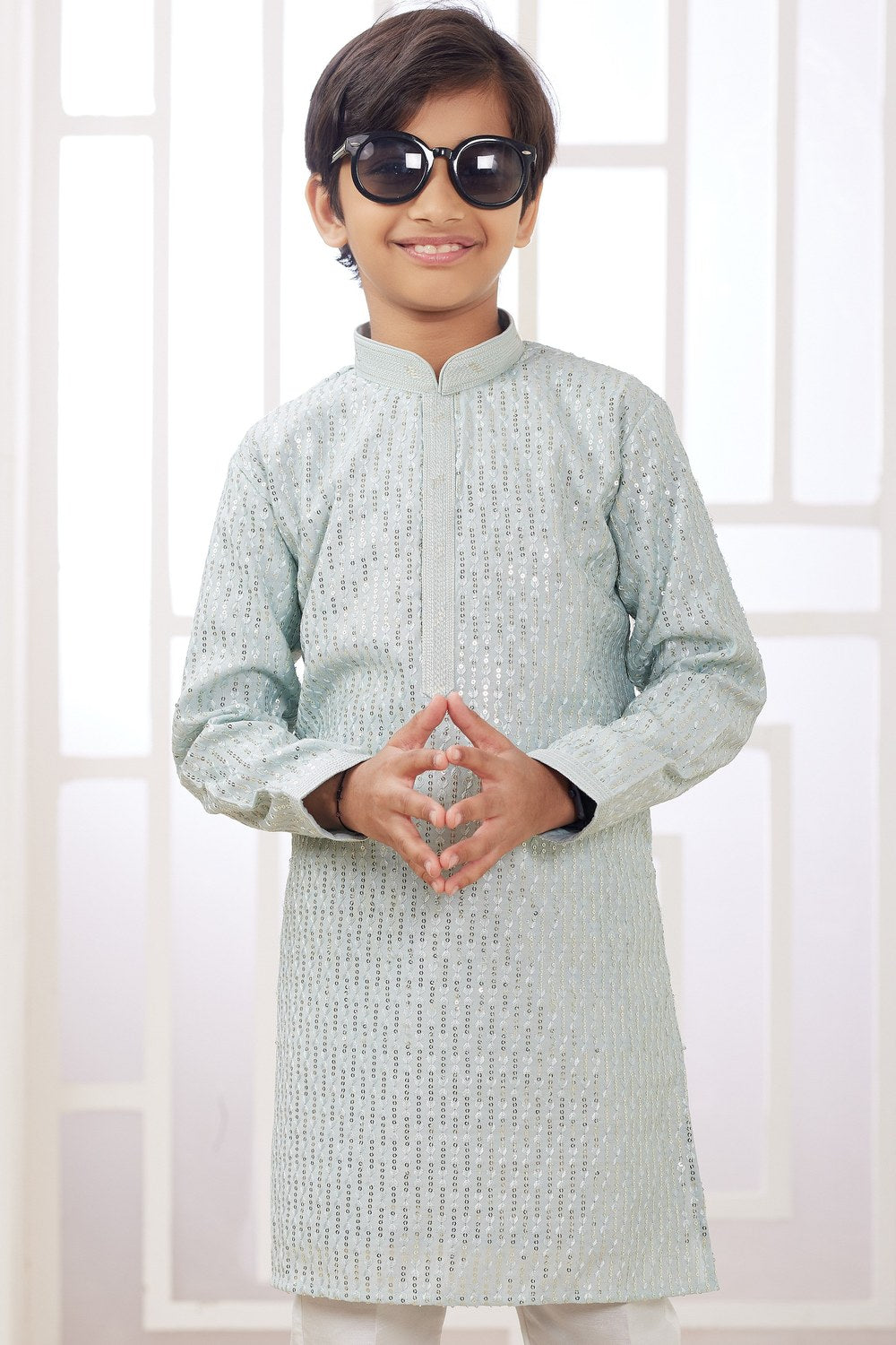 Pastel Green Art Silk 2 Piece Kids Wear Boys Suit Long Kurta Pajama for Kids for Festivals & Wedding - Embroidery Work - close-up view