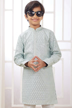 Pastel Green Art Silk 2 Piece Kids Wear Boys Suit Long Kurta Pajama for Kids for Festivals & Wedding - Embroidery Work - close-up view