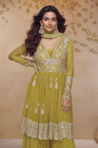 Mustard Latest Plazo Design for Wedding with Embroidery & Chinon Silk - close-up view