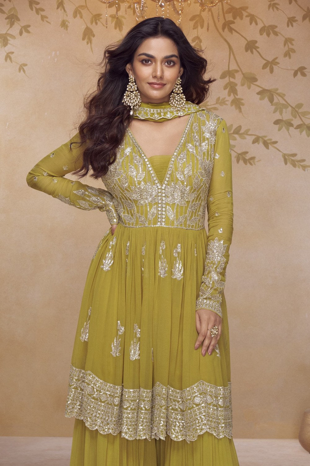 Mustard Latest Plazo Design for Wedding with Embroidery & Chinon Silk - close-up view