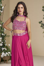 Pink Chinon Silk Palazzo Choli With Jacket For Indian & Pakistani Wedding Festival - Thread & Sequins Embroidery Work - close-up view