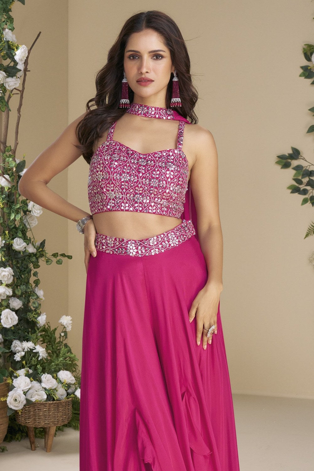 Pink Chinon Silk Palazzo Choli With Jacket For Indian & Pakistani Wedding Festival - Thread & Sequins Embroidery Work - close-up view