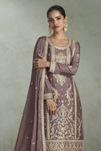 Slate Purple Chinon Silk Plazo Suit For Indian & Pakistani Wedding Festival - Thread & Sequins Embroidery Work, Print Work - close-up view