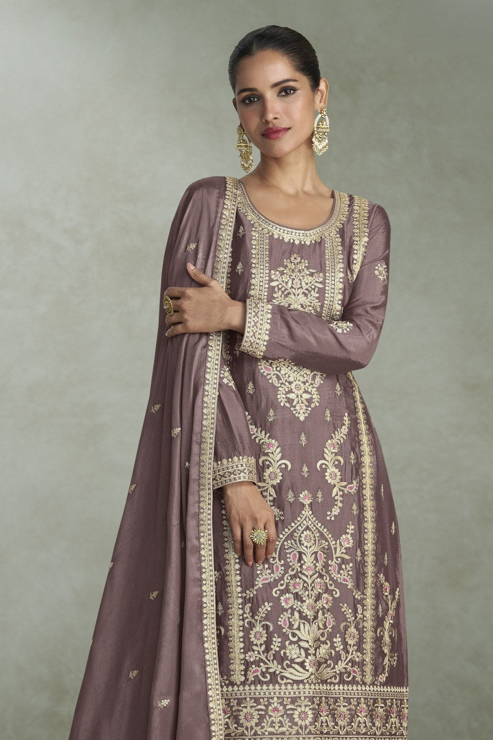 Slate Purple Chinon Silk Plazo Suit For Indian & Pakistani Wedding Festival - Thread & Sequins Embroidery Work, Print Work - close-up view