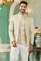 Beige Art Silk Jodhpuri Suits for Men with Jacket & Pant for Wedding - Thread Embroidery Work - close-up view
