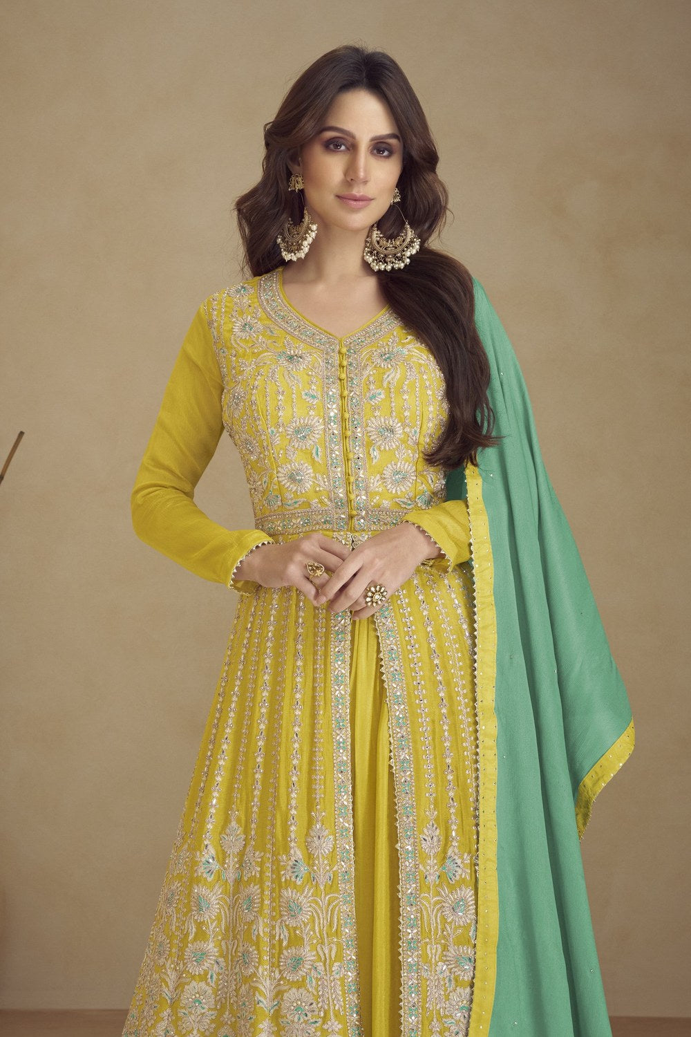Yellow Chinon Silk Palazo for Sangeet - Thread Embroidery & Dori Work - close-up view