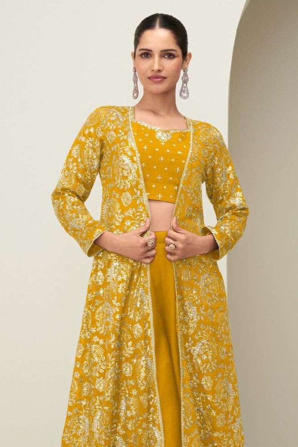 Yellow Chinon Silk Crop Top with Long Jacket and Palazzo for Haldi Ceremony - close-up view