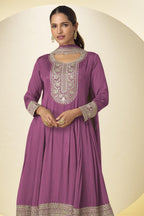 Magenta Chinon Silk Palazo Suit For Indian & Pakistani Wedding Festival - Thread & Sequins Embroidery Work - close-up view