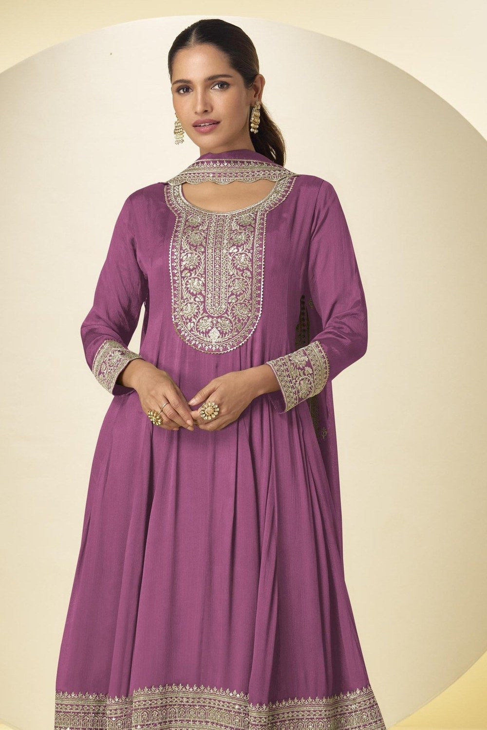 Magenta Chinon Silk Palazo Suit For Indian & Pakistani Wedding Festival - Thread & Sequins Embroidery Work - close-up view