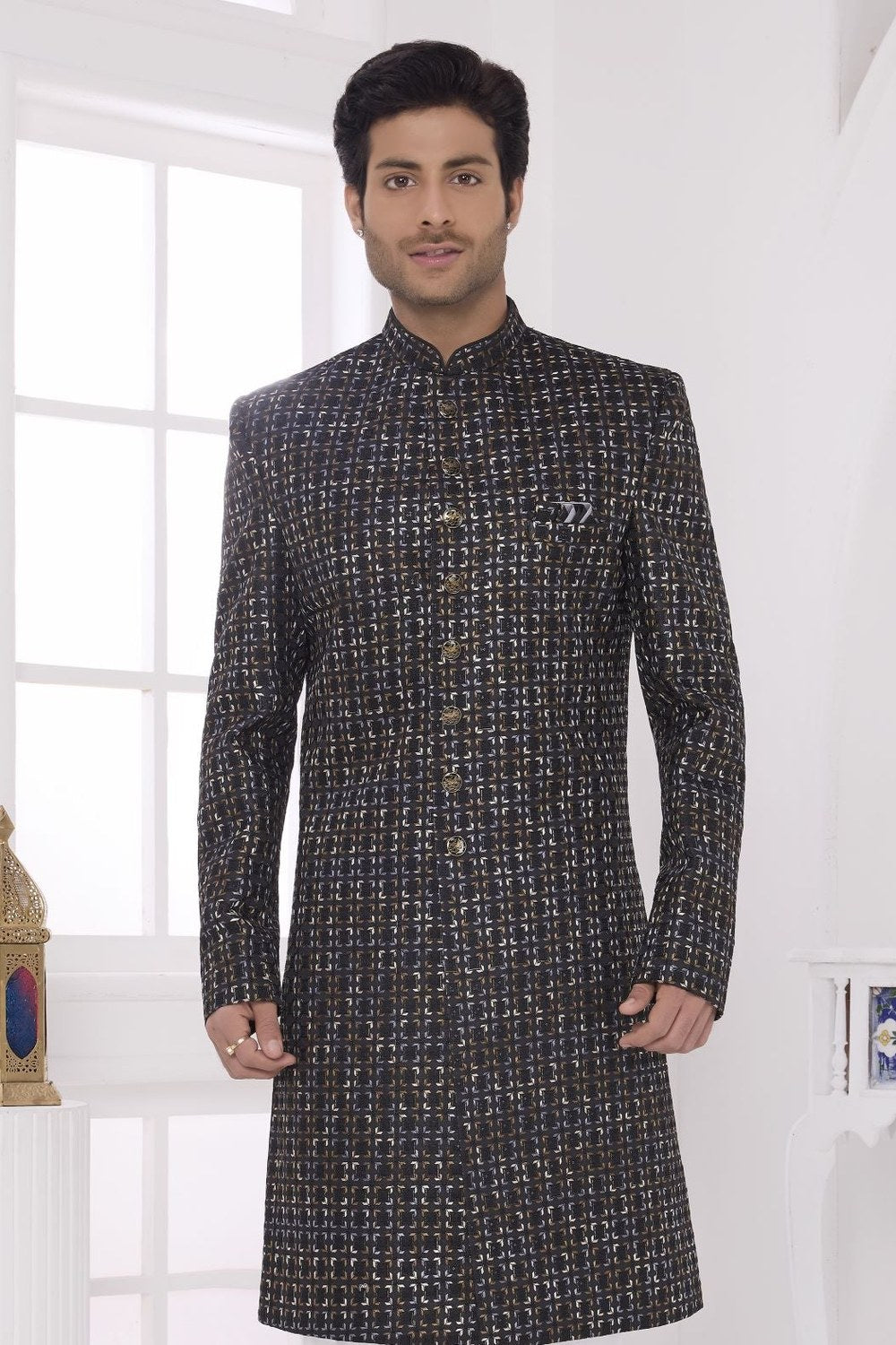Blackish Brown Art Silk  Kurta Pyjama for Men - Thread Embroidery - close-up view