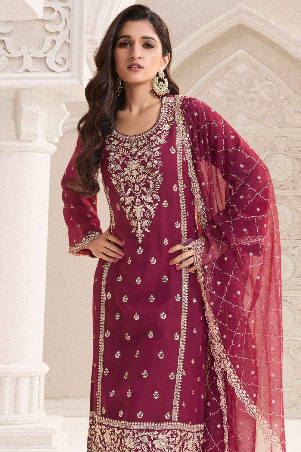 Burgundy Red Chiffon Silk Long Kameez Pant Suit For Indian Festivals & Weddings - Embroidery Work - close-up view