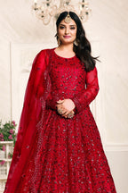 Red Net Sequins Embroidery Anarkali Outfits for Mehndi - close-up view