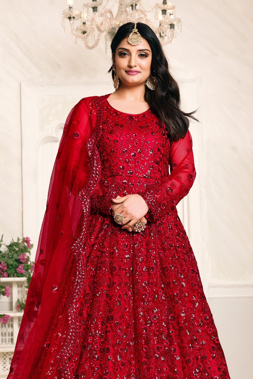 Red Net Sequins Embroidery Anarkali Outfits for Mehndi - close-up view