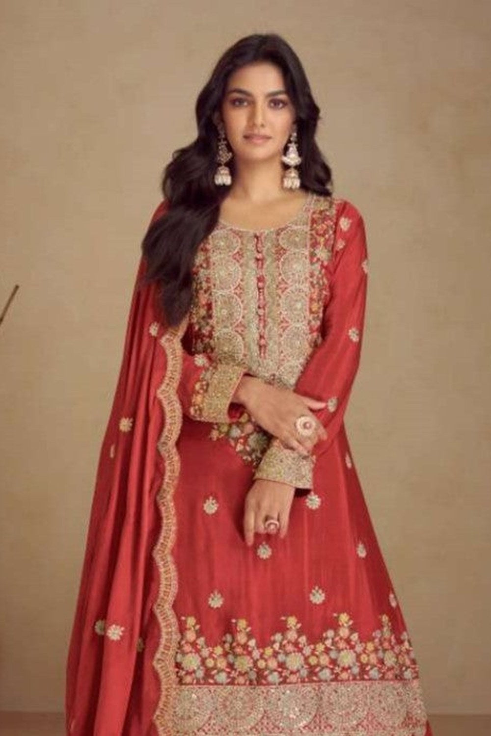 Red Chinon Silk Plazo Dress for Women with Embroidery - close-up view