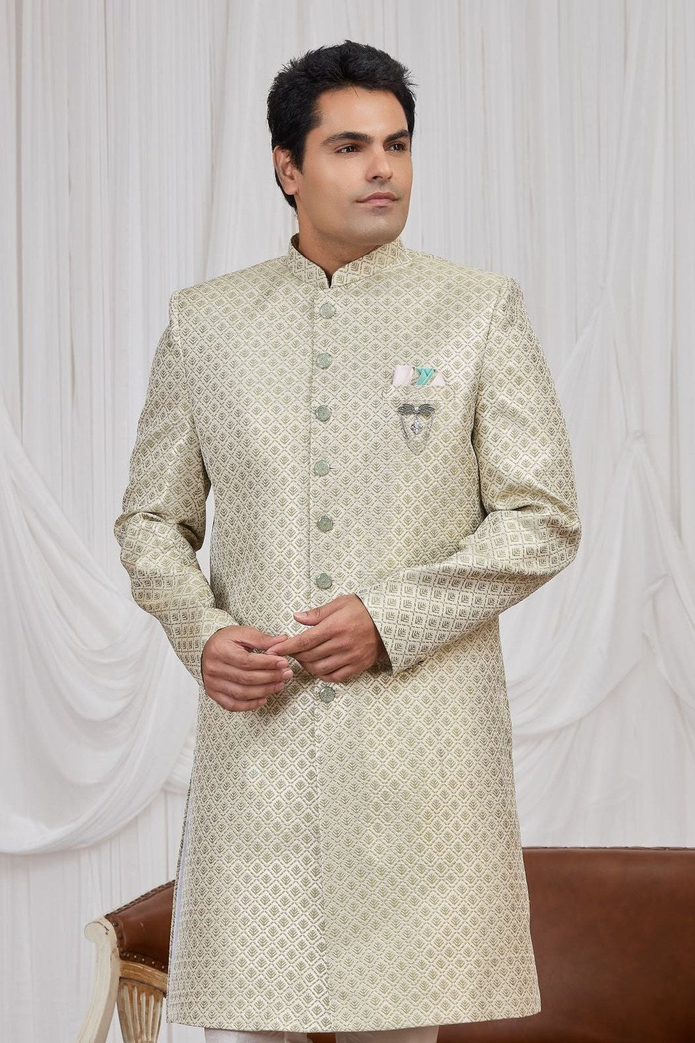 Cream Kurta Pajama Male for Wedding - Jacquard Weaving Work - close-up view