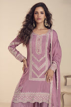 Lilac Indian Wedding Dresses: Chinon Silk Palazzo Suit with Moti & Thread Embroidery - close-up view
