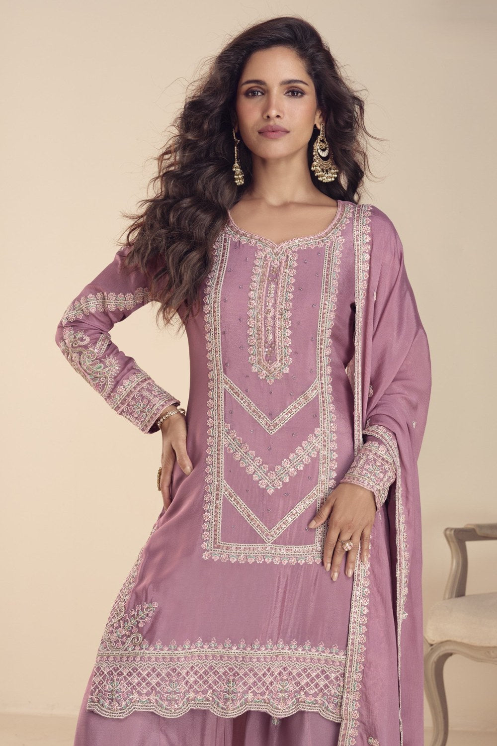 Lilac Indian Wedding Dresses: Chinon Silk Palazzo Suit with Moti & Thread Embroidery - close-up view