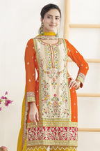 Orange Chinon Silk Palazo Suit Dress For Indian & Pakistani Wedding Festival - Real Mirror Work, Sequence Embroidery Work, Dori Work - close-up view