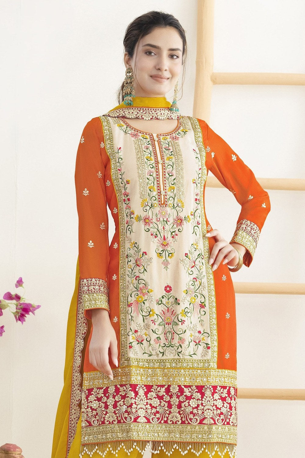 Orange Chinon Silk Palazo Suit Dress For Indian & Pakistani Wedding Festival - Real Mirror Work, Sequence Embroidery Work, Dori Work - close-up view