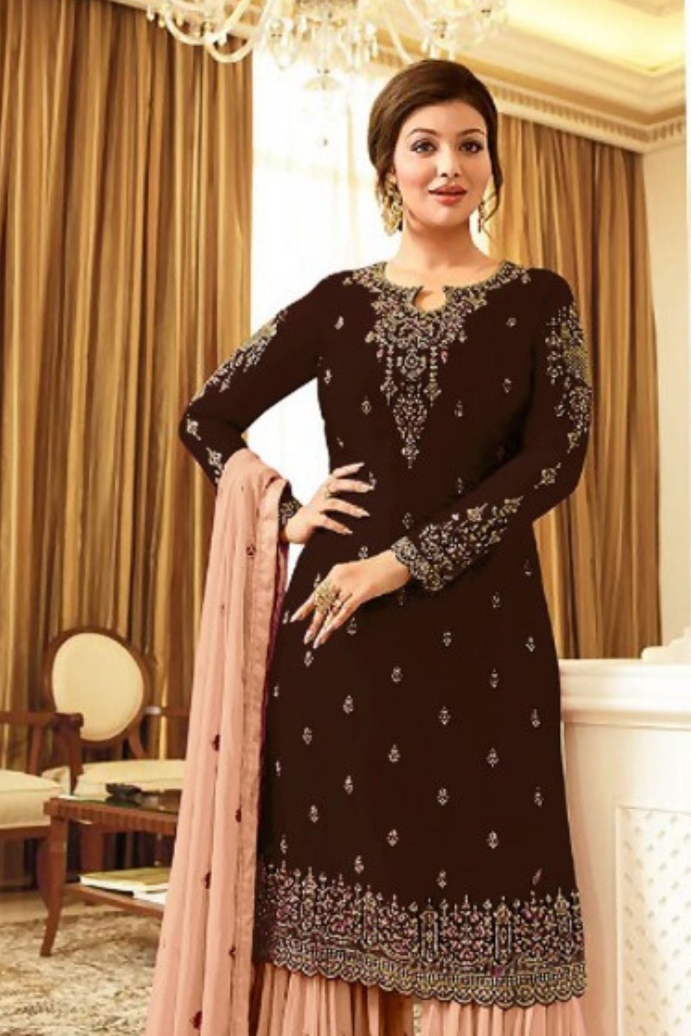 Reddish Brown Georgette Sharara Suit Gharara Set for Women for Wedding & Sangeet Ceremony - Thread Embroidery Work - close-up view