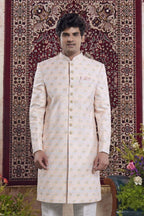 Blush Peach Jacquard Mens Indian Wedding Attire Indo Western - close-up view